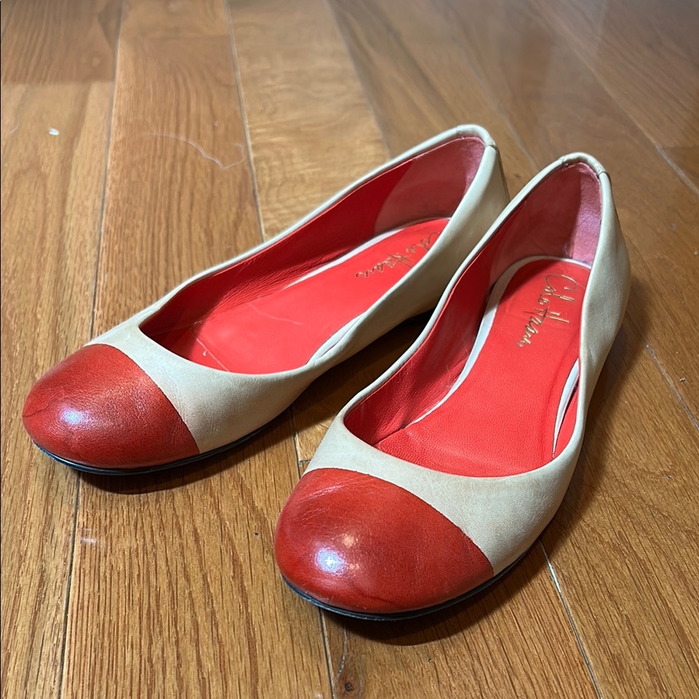 Cole Haan Red and Tan Flats with Cap-Toe Design